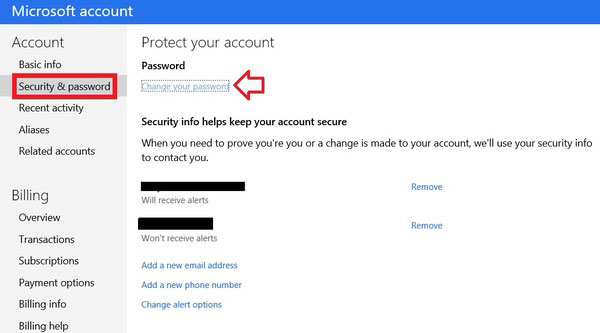 change microsoft account password