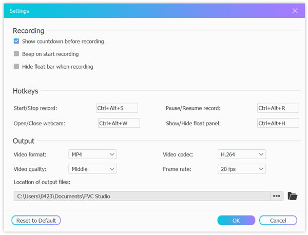 Free screen recorder settings