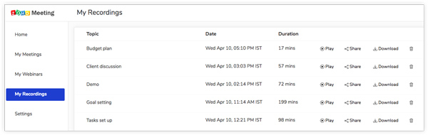 Zoho Meeting my recordings