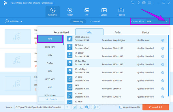 Tipard Output Format Selection