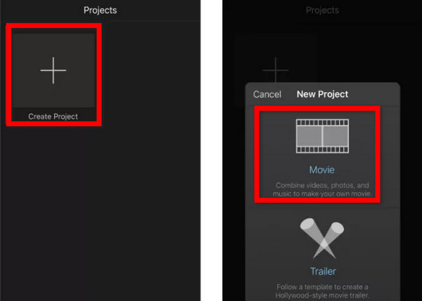 iMovie Create Project Movie